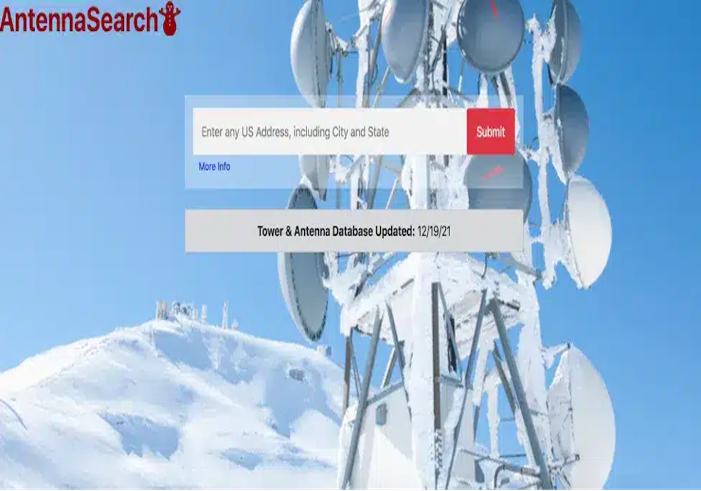 AntennaSearch website displayed over a telecommunications tower with multiple wireless antennas, illustrating how to research cell towers in your hometown.