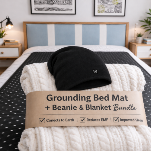 Bundle 5x7 White Shielding EMF Blanket, Protective Beanie and Double Grounding Bed Mat for Better Health
