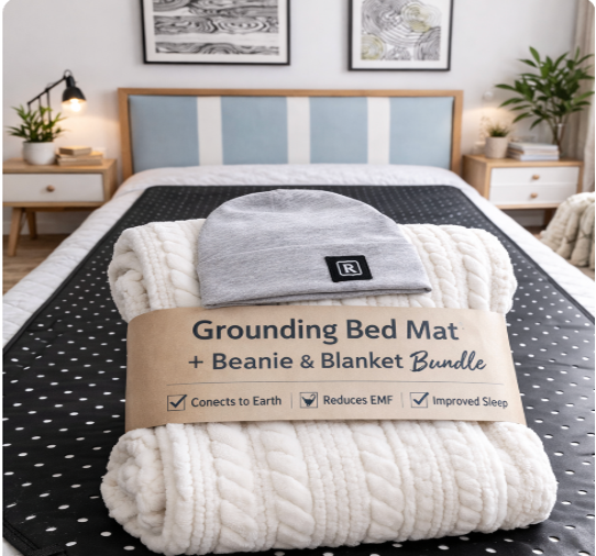 Bundle 5x7 White Shielding EMF Blanket, Protective Beanie and Double Grounding Bed Mat for Better Health