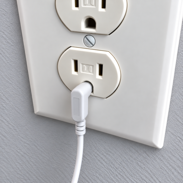 White Redemption Shield grounding cord plugged into the grounding port of a wall outlet.