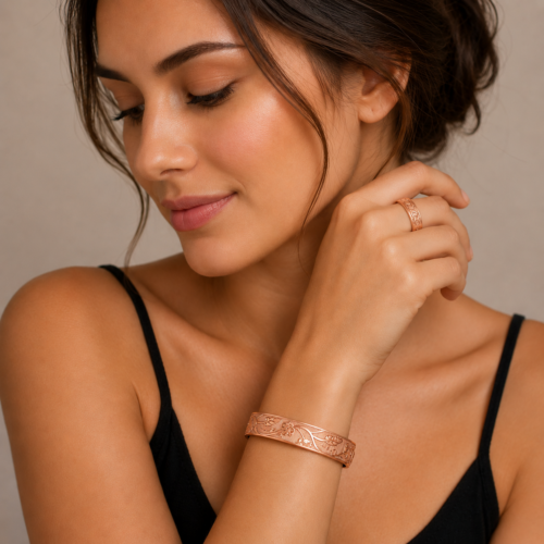 Model Wearing Flower Copper Bracelet and Ring Set