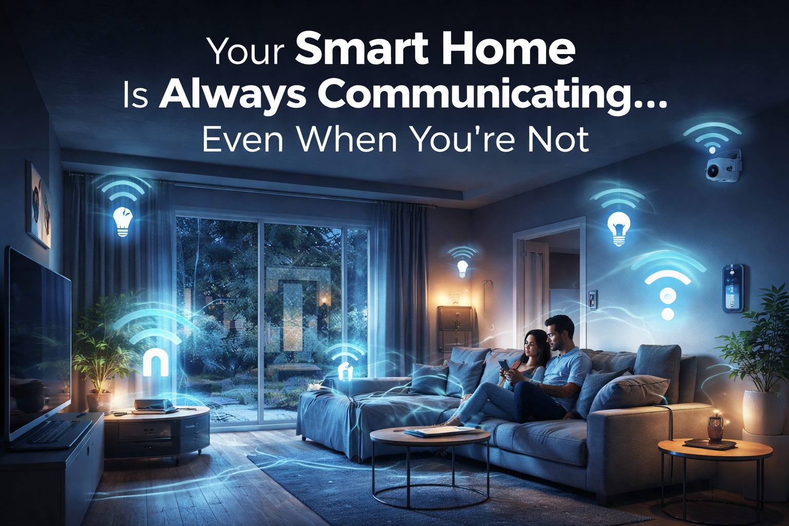Illustration of a smart home living room with wireless signal icons around connected devices, representing everyday electromagnetic field exposure.
