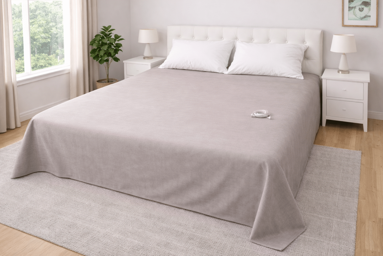 35% Silver Cotton Grounding Flat Sheet for EMF Protection and RF Shielding | Redemption Shield 35% silver cotton grounding flat sheet on bed for EMF protection RF shielding and conductive earthing by Redemption Shield