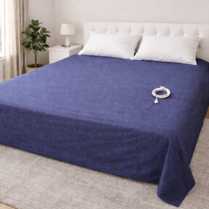 Navy 30% stainless steel grounding flat sheet on bed with grounding cord for EMF protection