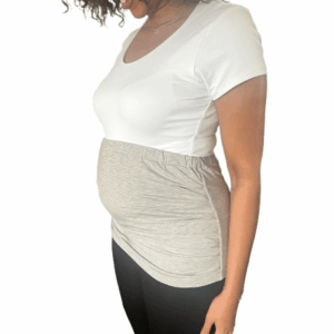 Gray EMF Shielding Maternity Belly Band on Pregnant Woman | Redemption Shield Pregnant woman wearing gray EMF shielding maternity belly band by Redemption Shield