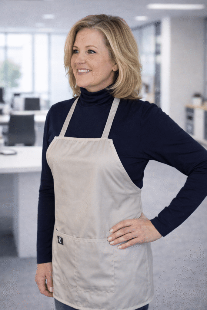 Woman wearing EMF protection shielding apron with conductive fabric for RF shielding by Redemption Shield