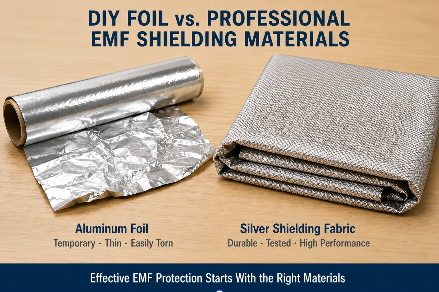 Does Aluminum Foil Block EMF? The Truth About DIY EMF Shielding 1 Does Aluminum Foil Block EMF? DIY aluminum foil compared to professional silver EMF shielding fabric for RF protection.
