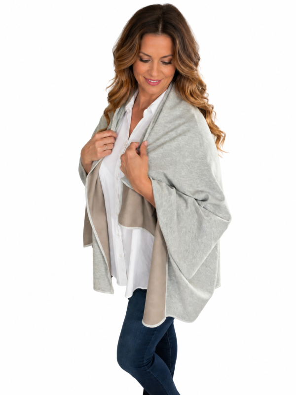 Gray Silver Cotton EMF Shielding Shawl Scarf Woman wearing gray silver cotton EMF shielding shawl scarf