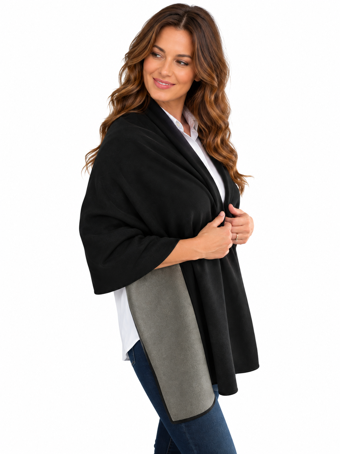 Home 24 Woman wearing black silver cotton EMF shielding shawl scarf