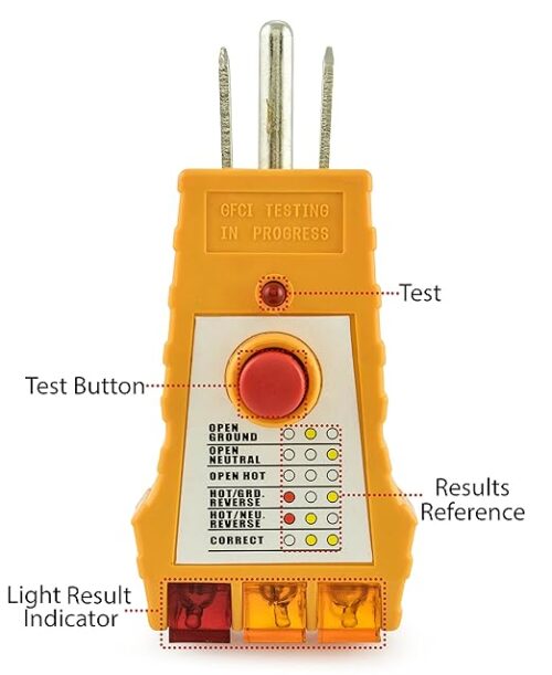 Socket Tester with GFCI Check. Receptacle Tester for Standard AC Outlets. Includes 7 Visual Indications and Wiring Legend.