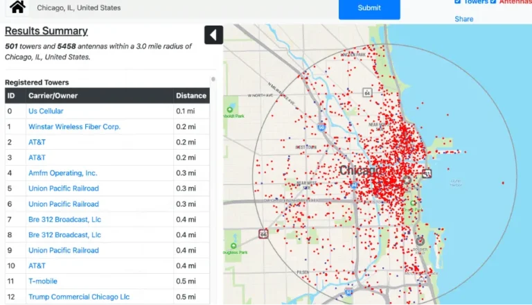 Map of Chicago, Il. Showing how many cell towers are within a the city limits.
